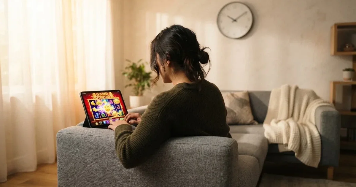 Person am Sofa schaut nachdenklich auf ein Tablet, im Hintergrund eine Uhr — casino guthaben ohne einzahlung