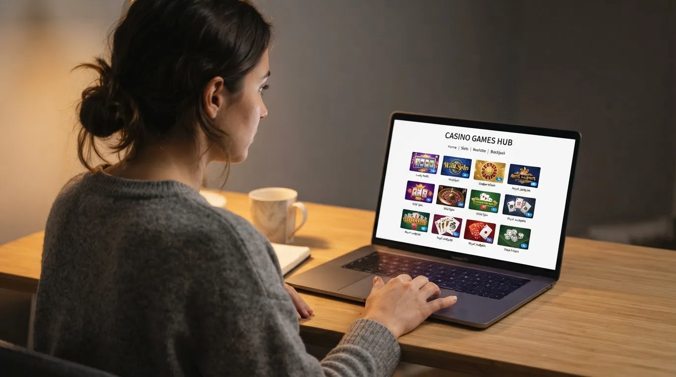 Person am Laptop liest eine Übersichtsseite zu Glücksspielen im Internet — casino mit hoher gewinnchance