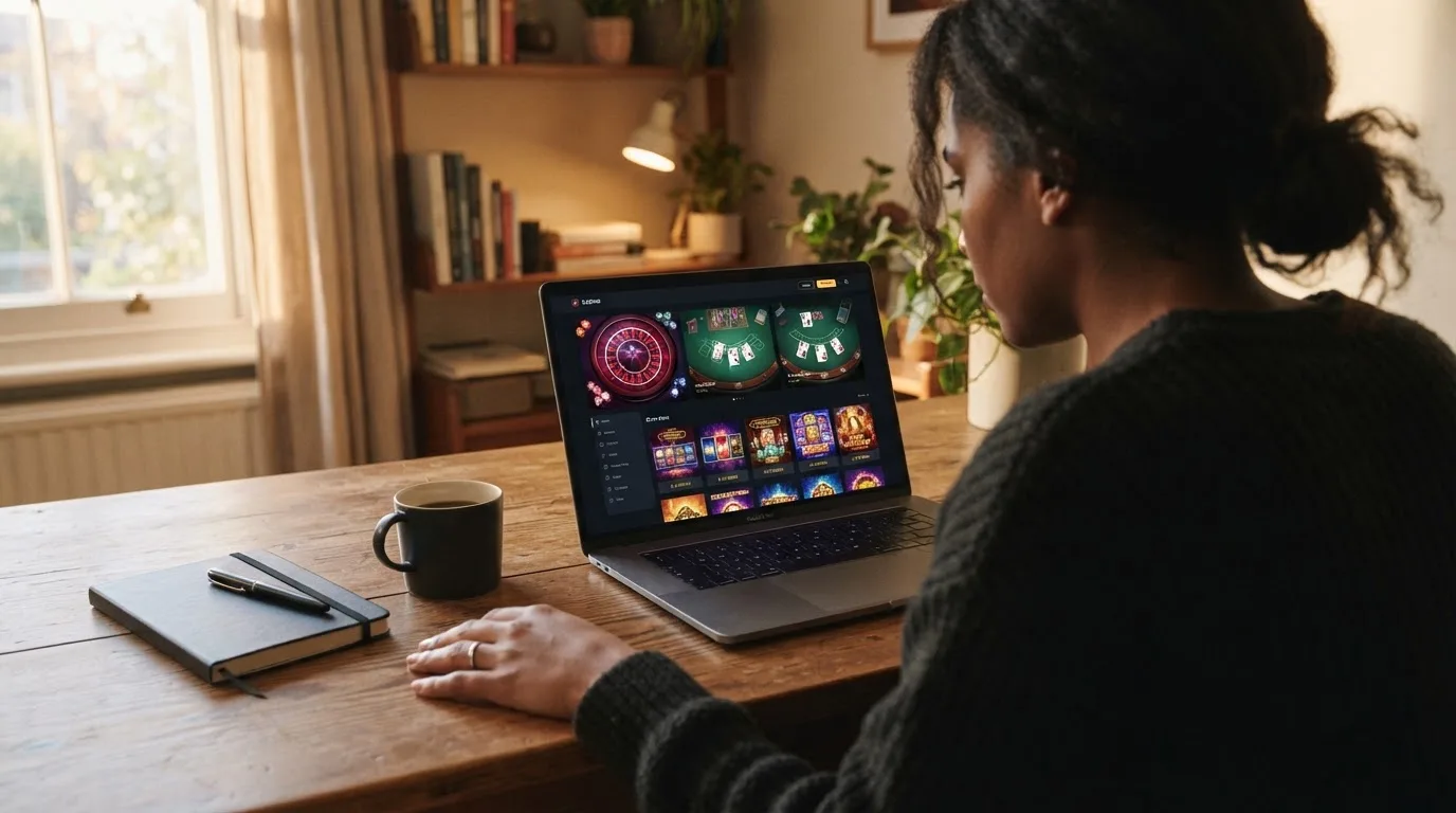 Person am Laptop liest eine Übersichtsseite zu Glücksspielen im Internet — casino online mit bonus ohne einzahlung