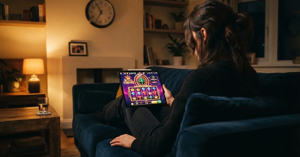 Person am Sofa schaut nachdenklich auf ein Tablet, im Hintergrund eine Uhr — casino online mit bonus ohne einzahlung