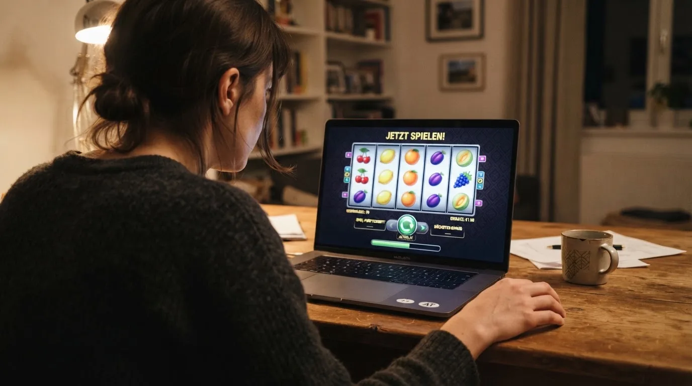 Person am Laptop liest eine Übersichtsseite zu Glücksspielen im Internet — online casino mit autoplay