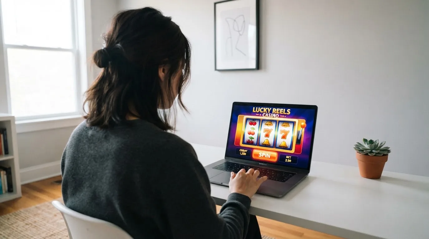 Person am Laptop liest eine Übersichtsseite zu Glücksspielen im Internet — online casino ohne auszahlungslimit