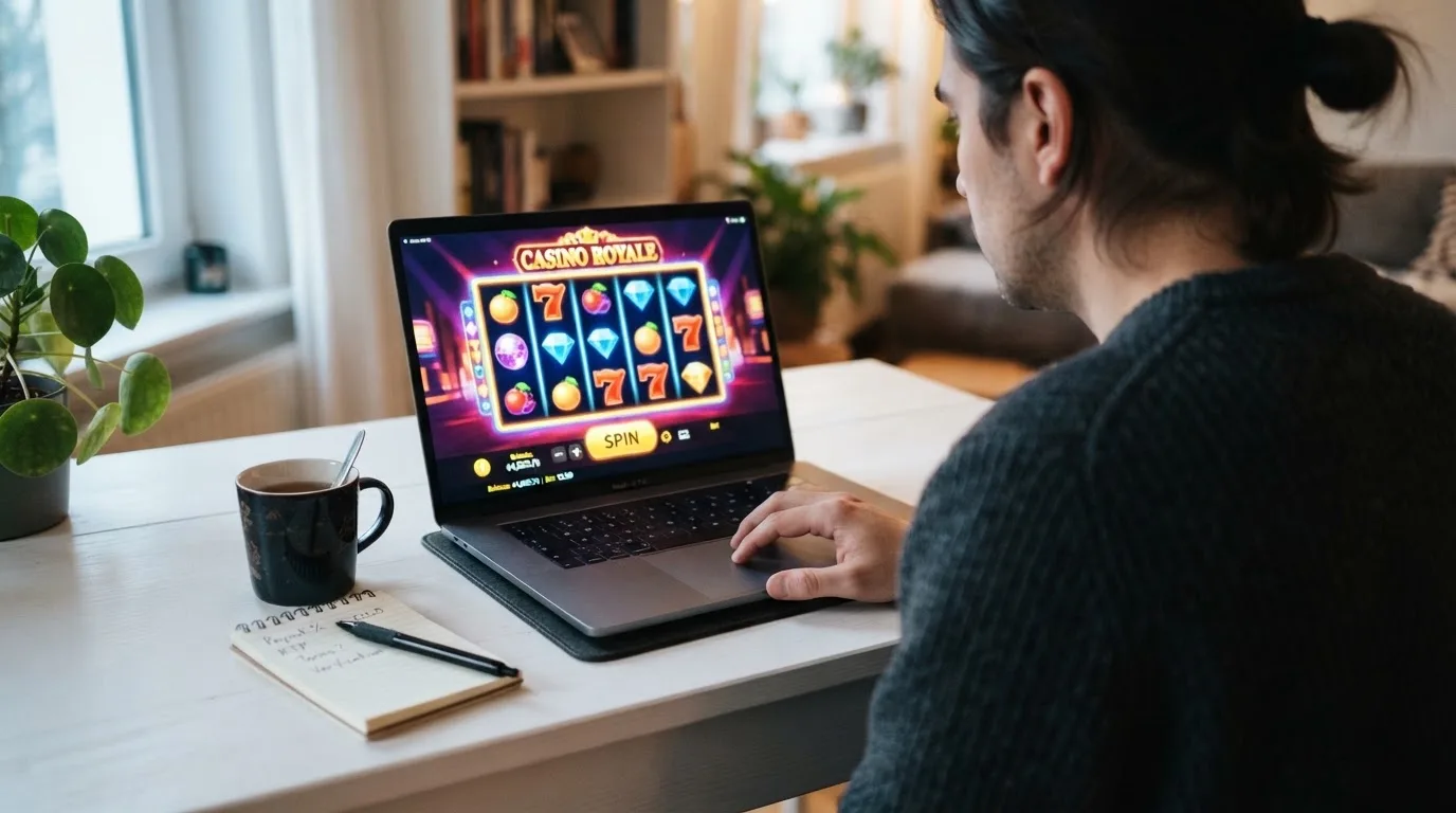 Person am Laptop liest eine Übersichtsseite zu Glücksspielen im Internet — online casino schnelle auszahlung