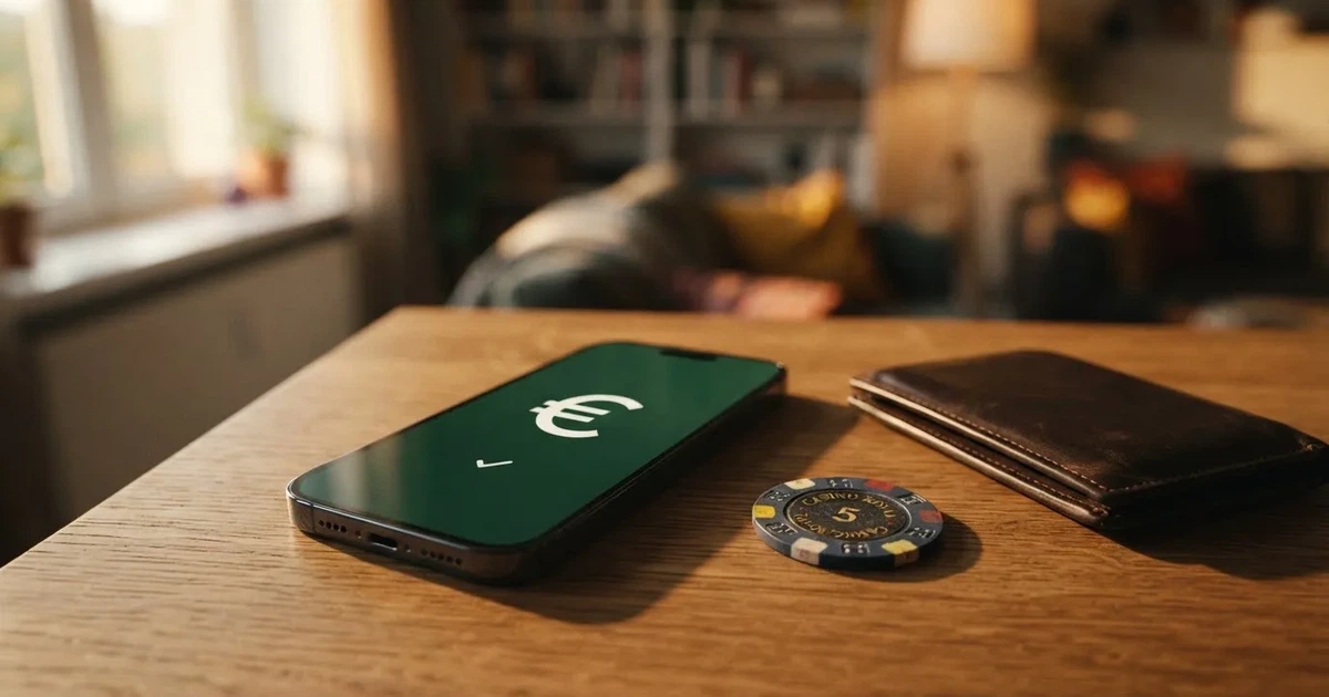 Kartenterminal und Smartphone auf einem Holztisch neben einer Geldbörse — online casino schnelle auszahlung